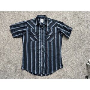 Ely Cattleman Tall Man Blue Striped Size LT Short Sleeve Vintage Western Snaps